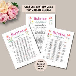 May include: A printable game for children called "God's Love Left Right Game" with two different stories. The game is illustrated with butterflies and flowers in pink, green and yellow. The game instructions are printed in black text on a white background.