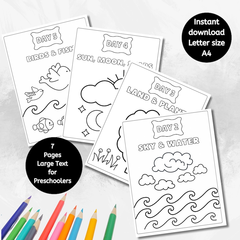 May include: Black and white coloring pages for preschoolers featuring illustrations of birds, fish, the sun, moon, stars, clouds, land, plants, and water. The pages are labeled with the days of the week and the theme of each day.  The text is large and easy to read.