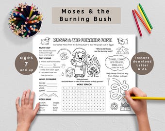 May include: A black and white colouring page titled "Moses & the Burning Bush" with illustrations and activities for ages 7 and up. Includes a word search, word scramble, and a maze. Coloured pencils are in a cup.