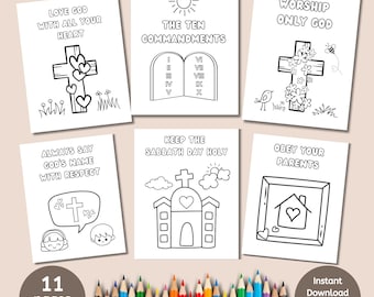 Los Diez Mandamientos para niños: páginas para colorear imprimibles, página para colorear con versículos bíblicos para preescolares.