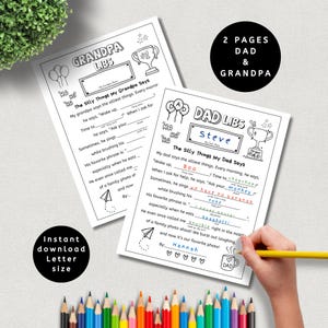 Fête des pères : pages d'activités Mad Libs, imprimables Mad Libs pour papa et grand-père, PDF amusant à combler, carte à colorier par enfants