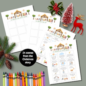 May include: A printable Christmas Story Advent Calendar with 24 scenes from the Christmas story. Each scene is illustrated with a simple drawing and includes a Bible verse reference. The calendar is designed to be colored in.