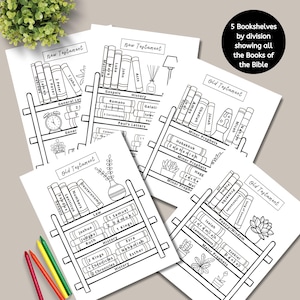 May include: Black and white illustration of five bookshelves, each representing a different section of the Bible. The shelves are labeled with the names of the books and the sections, such as "Old Testament", "New Testament", "Gospels", "History", "Paul's Letters", "Law", "History", "Poetry/Wisdom", and "Minor Prophets".