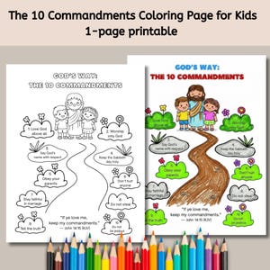 May include: A printable coloring page for kids featuring the Ten Commandments. The black and white illustrations depict biblical scenes and text, including "Love God above all" and "Do not steal." The page is designed for children to color.