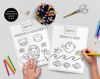 7 Days of Creation for Preschoolers, Days of Creation Coloring Pages, Bible Coloring Pages for Kids, Sunday School Craft, Creation Printable