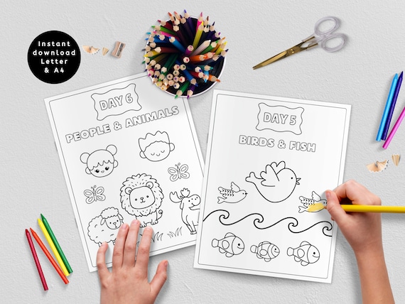 7 Days of Creation for Preschoolers, Days of Creation Coloring Pages, Bible Coloring Pages for Kids, Sunday School Craft, Creation Printable