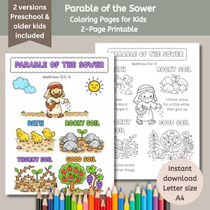 May include: A two-page printable coloring set titled Parable of the Sower featuring Matthew 13:3-9. One page is in full color and the other is in black and white line art. Both pages depict a person sowing seeds with illustrations of path, rocky soil, thorny soil, and good soil. Colored pencils are arranged at the bottom.