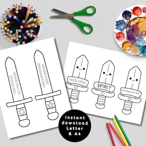 Puede incluir: Dibujos lineales en blanco y negro de espadas con texto, incluyendo "La Espada del Espíritu" y "Usa la Palabra de Dios como una Espada". La imagen incluye materiales de arte como lápices de colores, tijeras y pintura.