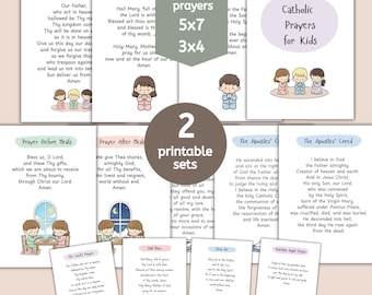 May include: A set of printable Catholic prayers for kids. The image shows eight different prayers, including "The Lord's Prayer" and "Hail Mary", in a 5x7 and 3x4 format. Each prayer is accompanied by a cartoon illustration.