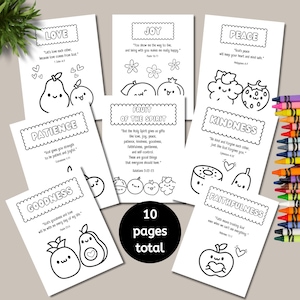 Hojas para colorear del fruto del Espíritu, páginas para colorear de versículos bíblicos, lecciones de la escuela dominical para niños, material cristiano para educación en el hogar