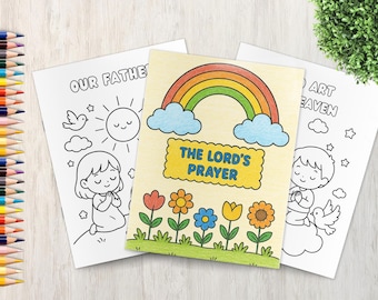 May include: Three religious-themed colouring pages. The central page reads "THE LORD'S PRAYER" with a rainbow and flowers. The other pages feature illustrations of a sun, clouds, a dove, and children praying. A set of coloured pencils is visible.