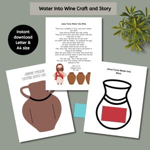 Può includere: Una raccolta di materiali didattici stampabili con il tema "Acqua in vino". L'immagine include una storia, illustrazioni di giare e un disegno di un recipiente per il vino. Il testo include "Download istantaneo formato Lettera e A4".