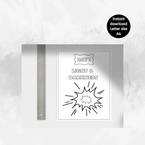 May include: A black and white printable coloring page with the text "DAY 1 LIGHT & DARKNESS" and a cartoon style illustration of a sunburst.
