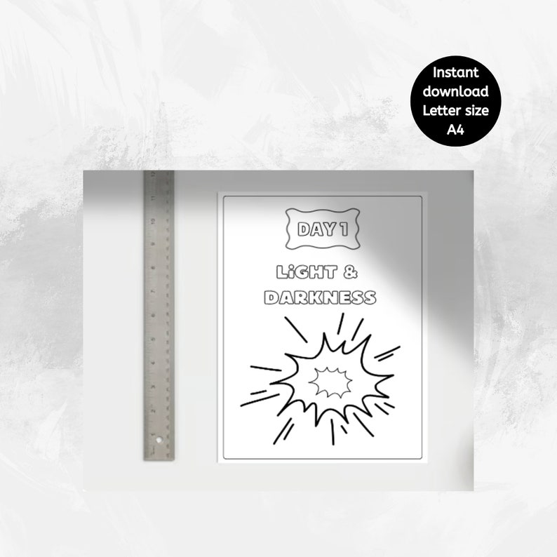 May include: A black and white printable coloring page with the text "DAY 1 LIGHT & DARKNESS" and a cartoon style illustration of a sunburst.
