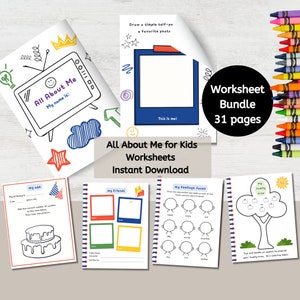 May include: A printable worksheet bundle for kids, featuring colourful illustrations and activities. The bundle includes 31 pages of worksheets with themes like "All About Me", "My Age", "My Friends", "My Feelings Faces", and "My Family Tree".