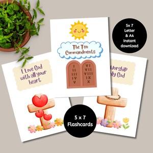 Tarjetas imprimibles de los Diez Mandamientos, tarjetas de estudio bíblico para niños, actividad de memoria, herramienta de aprendizaje para la escuela dominical en preescolar y jardín de infantes.
