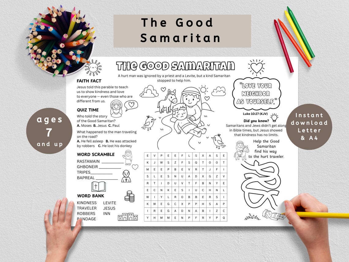 Good Samaritan Activity Sheet, Printable Bible Lesson Placemat for Kids ...