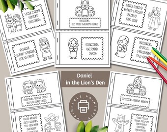 May include: Black and white printable activity book titled "Daniel in the Lion's Den." The book features illustrations of Daniel, lions, and other characters with text bubbles containing phrases like "Daniel loved God."