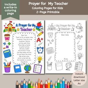 Könnte beinhalten: Ein zweiseitiges, ausdruckbares Ausmalset mit dem Titel Prayer for My Teacher. Eine Seite ist farbig gestaltet mit Schulsymbolen wie Schulgebäude, Büchern, Taschenrechner und Globus. Die zweite Seite ist eine Schwarz-Weiß-Vorlage zum Ausmalen.