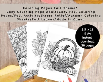 Coloring Pages Fall Theme | Cozy Coloring Page Adult | Autumn Coloring Sheets | Fall Theme Coloring Pages | Printable Autumn Coloring Sheets