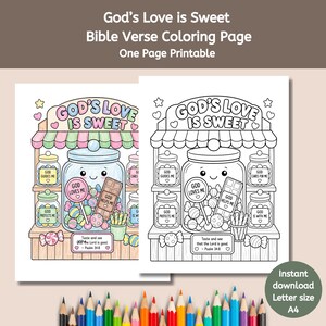 以下が含まれることがあります： God's Love Is Sweetというテキストが書かれた、キャンディショップをテーマにした印刷可能な塗り絵ページ。イラストには、キャンディの瓶、ペロペロキャンディ、God Loves MeやGod Helps Meといったラベルのついたチョコレートバー、そしてPsalm 34:8が含まれています。