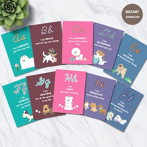 Tarjetas de Afirmaciones del Alfabeto, Tarjetas Didácticas Positivas de la A a la Z para Niños, Imprimibles de Atención Plena para Jardín de Infantes, Baraja del Alfabeto en Cursiva e Impresa