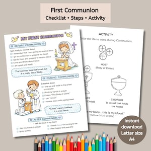 May include: Two printable First Communion activity sheets. One checklist includes steps before, during, and after Communion. The other sheet features illustrations of the Host and Ciborium. The text includes "Instant download" and "Letter size A4".