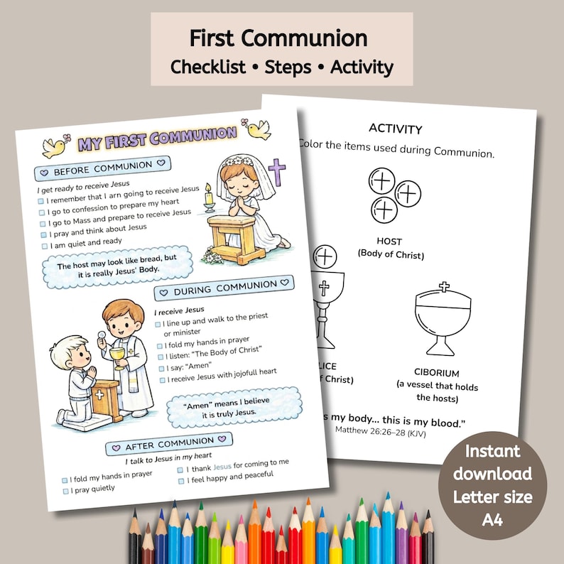 First Communion Printable for Kids, Catholic Checklist & Coloring Page ...