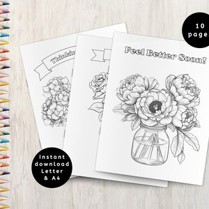Coloriages à imprimer sur la guérison, Cartes de rétablissement à imprimer, Coloriage pour adultes, Carte pour se sentir mieux, Je pense à vous, Fleurs dans des pots