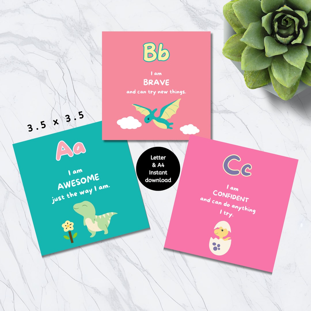 Alphabet Affirmation Cards, Dino Alphabet Print, ABC Flash Cards