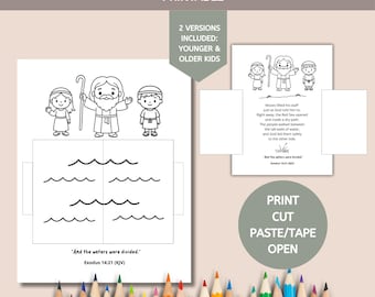 May include: Black and white printable craft featuring Moses parting the Red Sea. Includes two versions for younger and older kids. The image shows Moses, a girl, and a boy, with the sea divided. Text includes "And the waters were divided." Exodus 14:21 (KJV).