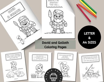 May include: A collection of black and white David and Goliath coloring pages. The pages feature illustrations of the biblical story, including David, Goliath, and related scenes. The text "David & Goliath" is visible on the cover.