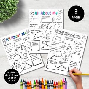 All About Me Project, Printable Coloring Questionnaire, Back to School Activity for Kids, Favorite Things Worksheet