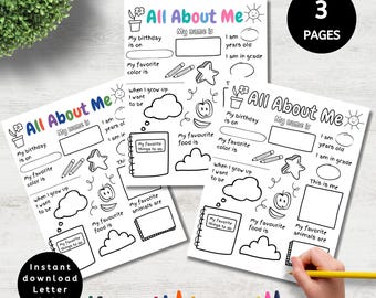 All About Me Project, Printable Coloring Questionnaire, Back to School Activity for Kids, Favorite Things Worksheet