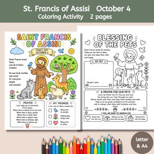 May include: A two-page St. Francis of Assisi coloring activity set. The first page features a colored illustration of St. Francis with animals, a prayer, and a promise checklist. The second page is a black and white Blessing of the Pets sheet.