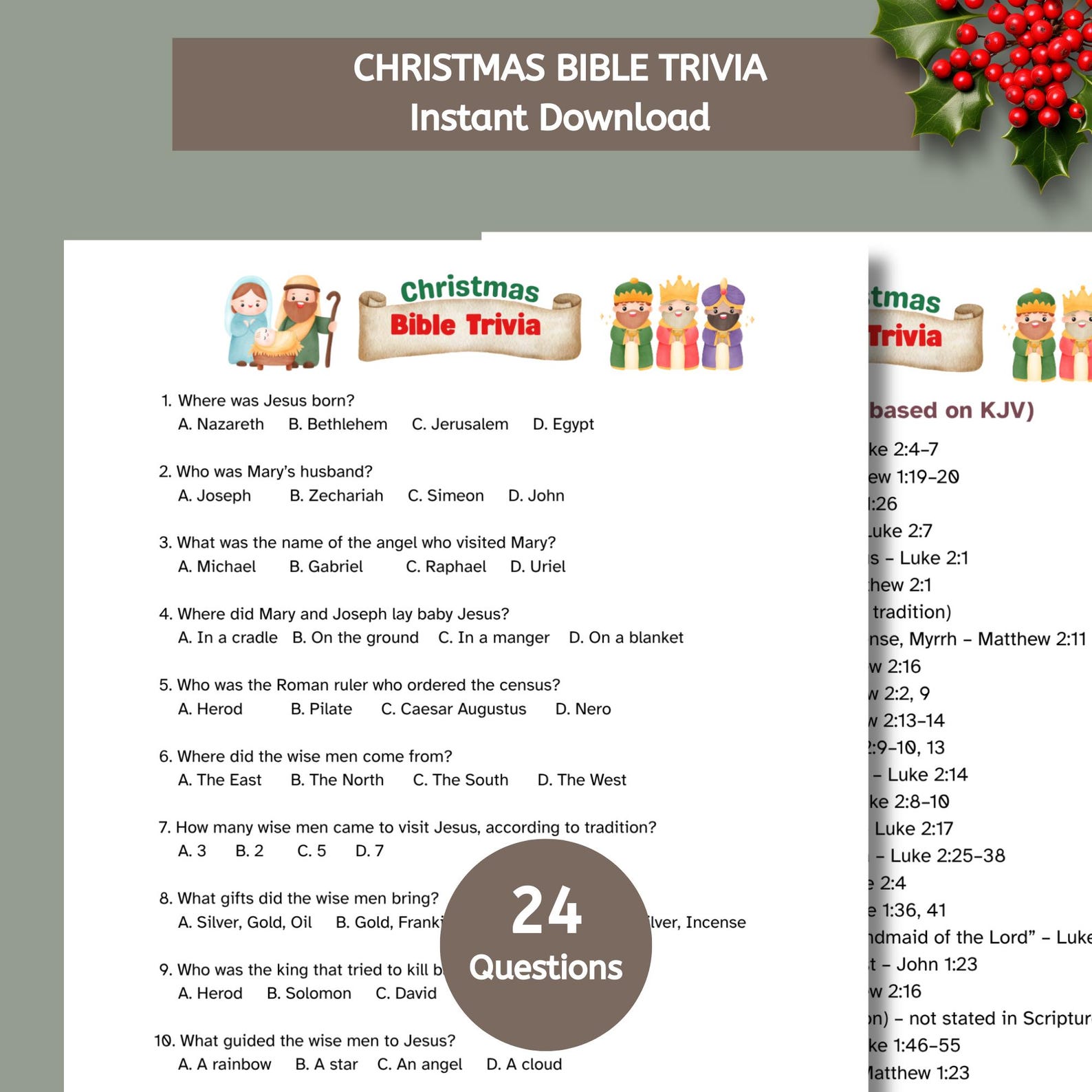 Christmas Bible Trivia Game, Printable Quiz for Youth, Teens & Adults ...
