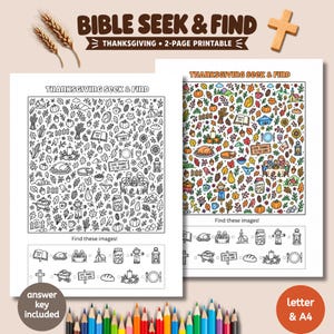 May include: A two-page Bible Seek & Find Thanksgiving printable set featuring one black and white colouring page and one full-colour page. Both pages contain illustrations of pumpkins, turkeys, and religious symbols with a checklist below.