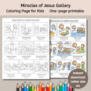 May include: A printable A4 coloring page for children, illustrating the Miracles of Jesus Gallery. The black and white drawings show scenes from the Bible, such as Jesus feeding the 5000 and walking on water. Includes the text "Instant download Letter size A4".