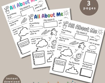 All About Me Printable Worksheet, Back to School Classroom Activity for Kids, Favorite Things Questionnaire