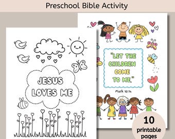 May include: Two printable coloring pages with the text "Jesus Loves Me" and "Let the children come to me." The pages feature line drawings of children, hearts, flowers, a sun, and a butterfly. The set includes 10 printable pages.