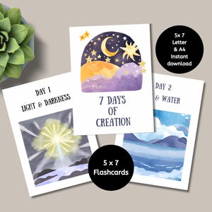 Tarjetas didácticas de los 7 días de la Creación, lección bíblica imprimible del Génesis para niños, actividad cristiana preescolar para educación en casa, estilo acuarela