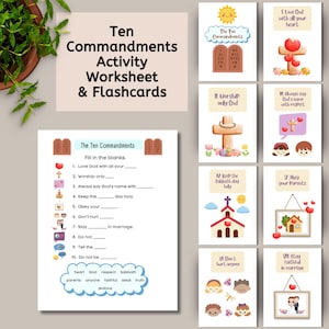 Les dix commandements pour les enfants, cartes-éclair imprimables et feuille d'activités, leçon biblique pour enfants pour le préscolaire et la maternelle, PDF pour l'école du dimanche