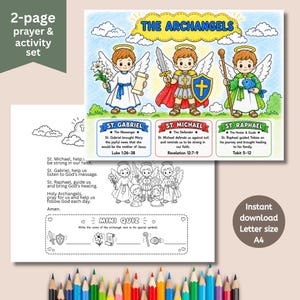 May include: A two-page prayer and activity set featuring a colourful illustration of the Archangels Gabriel, Michael, and Raphael with their symbols. The second page is a black and white colouring sheet with a prayer and a mini quiz for children.