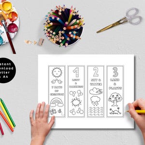 Könnte beinhalten: Schwarz-weiße druckbare Lesezeichen mit Illustrationen der sieben Schöpfungstage. Die Lesezeichen sind von 1 bis 3 nummeriert und enthalten Text, der jeden Tag beschreibt, wie z. B. "Licht und Finsternis" und "Himmel und Wasser".