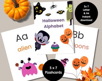 Halloween Alphabet Flashcards, Printable Educational Kids Learning Cards, Fun Homeschool Activity, ABC Learning Tools