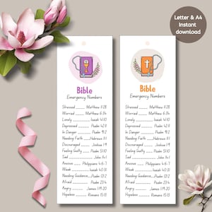 May include: Two bookmarks with "Bible Emergency Numbers" and Bible verses for different emotions. Illustrations include a Bible and a cross with a rosary. The background features pink flowers and a ribbon. The bookmarks are for instant download.