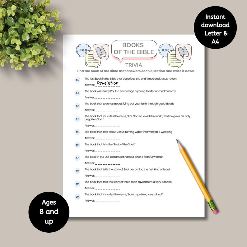 Books of the Bible Trivia, Printable Church Quiz for Kids, Youth - Etsy