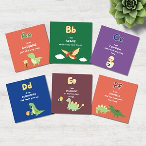 Tarjetas de afirmación imprimibles del alfabeto de dinosaurios para niños, baraja de mentalidad positiva ABC, notas divertidas para la lonchera de jardín de infantes
