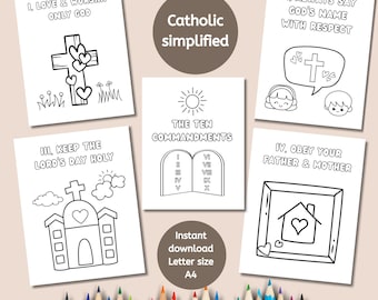May include: A collection of black and white printable coloring pages with religious themes. The pages feature illustrations of a cross, church, and the Ten Commandments, with text such as "Love & Worship Only God" and "Obey Your Father & Mother."