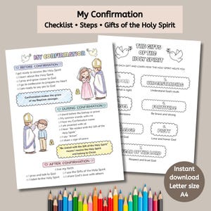 Könnte beinhalten: Eine druckbare Checkliste und Anleitung zur Firmung mit Illustrationen einer Firmungszeremonie und der Gaben des Heiligen Geistes. Der Text umfasst Schritte vor, während und nach der Firmung mit einem Abschnitt über die Gaben des Heiligen Geistes. Das Bild enthält ein Set Buntstifte.